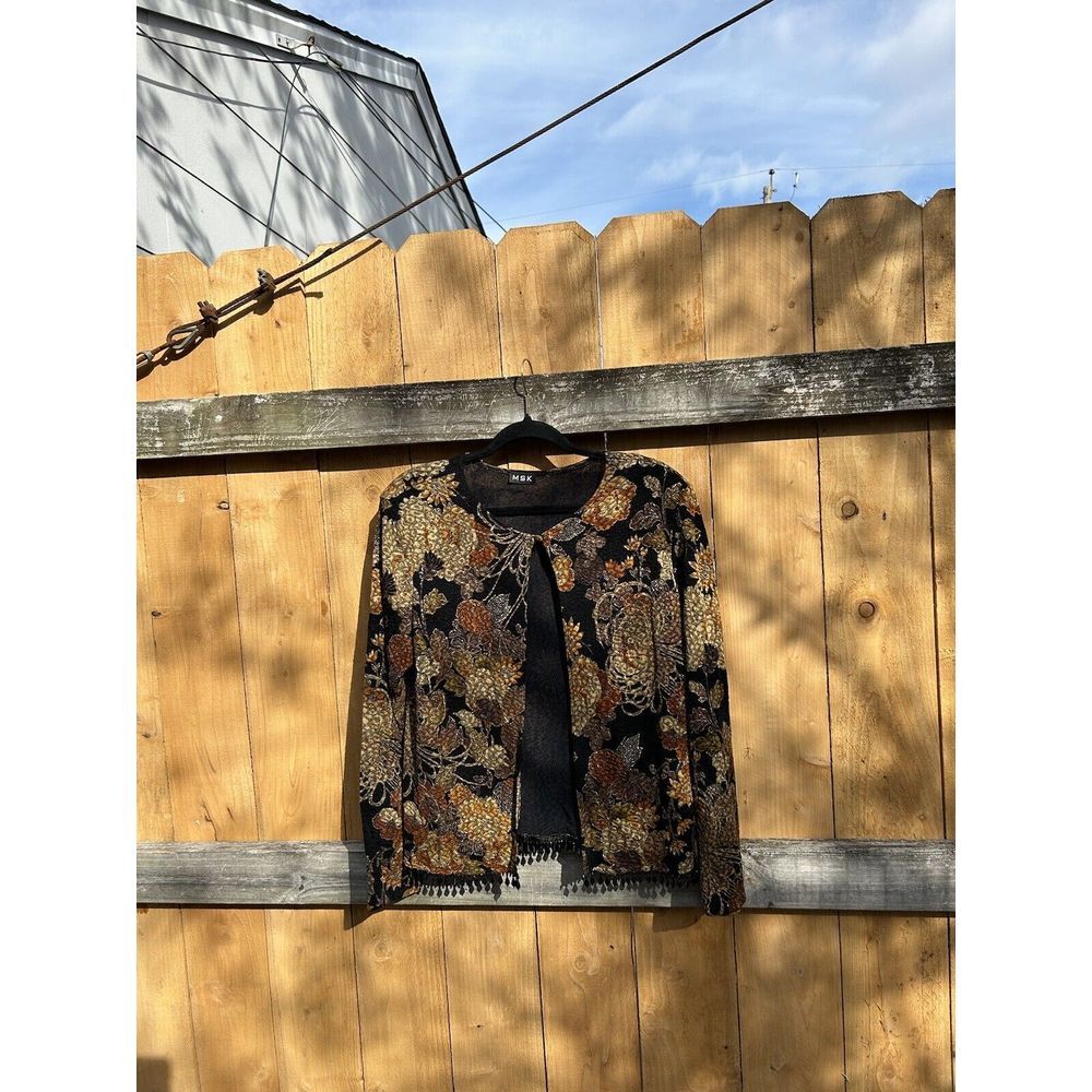Vintage‎ MSK Womens Floral Metallic Beaded Open Front Cardigan Top Large Black